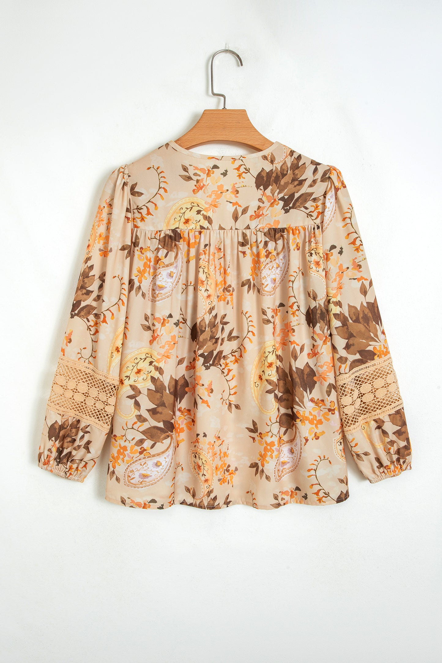 Khaki Paisley Print Decorative Binding Tape V Neck Shift Blouse