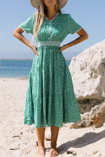 Green Floral Print Lace Splicing Flared High Waist Midi Dress - Chic Meadow Boutique 