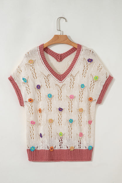 Delicacy Embroidered Flowers Colorblock Edge Hollowed Sweater