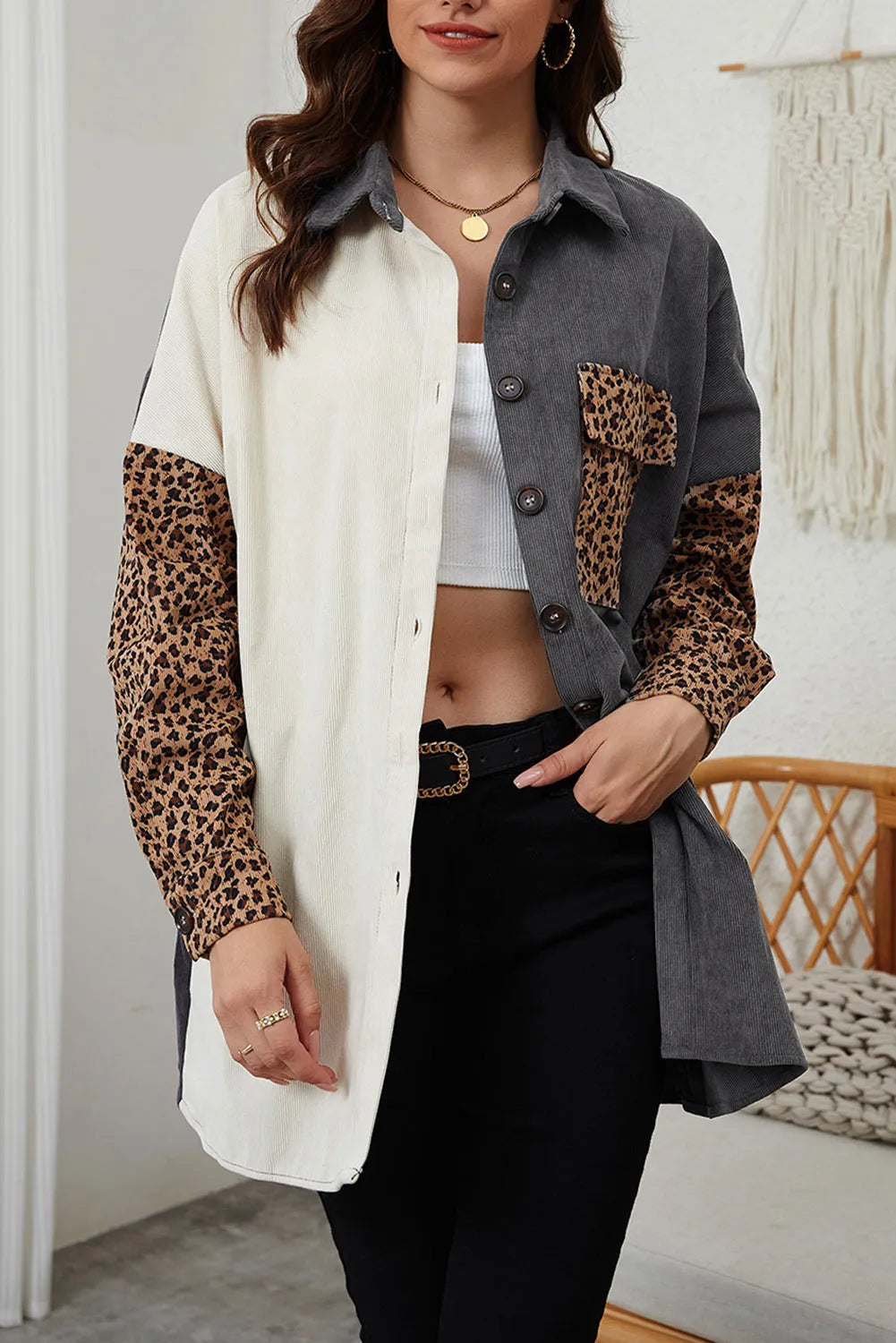 Gray Color Block Leopard Patched Corduroy Shacket - Chic Meadow Boutique 