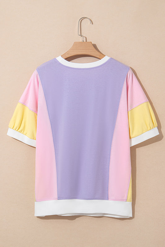 Purple Color Block Patchwork Half Sleeve Oversized T Shirt
