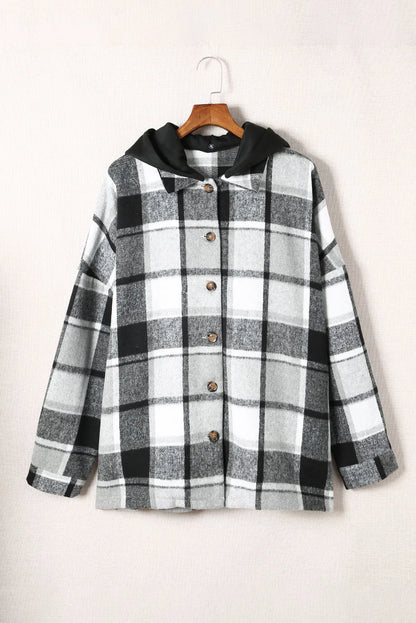 Gray Hooded Plaid Button Front Shacket - Chic Meadow Boutique 