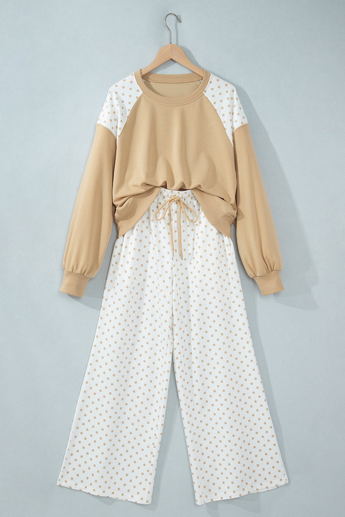 Khaki Polka Dot Patchwork Colorblock Long Sleeve Casual Two Piece Pants Set