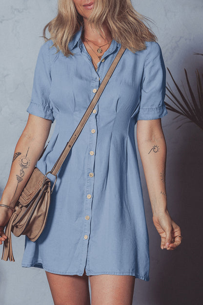 Myosotis Denim Pleated Slim Waist Short Sleeve Shirt Dress