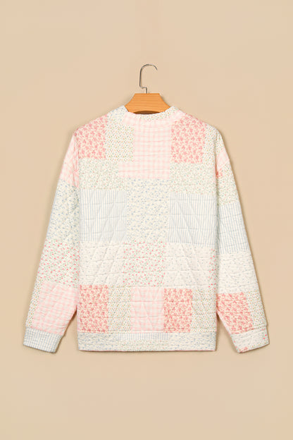Multicolour Floral Patchwork Quilted Mock Neck Long Sleeve Top