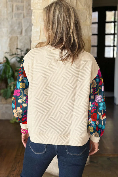 White Contrast Floral Sleeve Textured Drop Shoulder Knit Top - Chic Meadow Boutique 