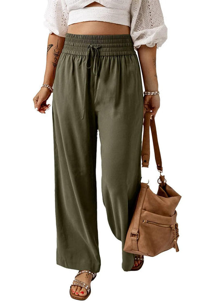 Bottoms/Pants & Culotte Green Brown Drawstring Elastic Waist Casual Wide Leg Pants