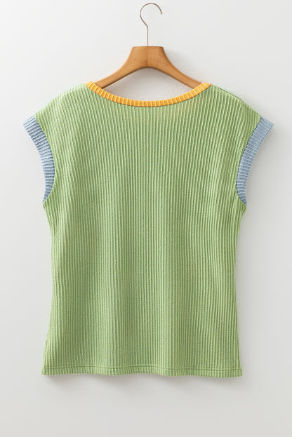 Grass Green Color Block Corded Knit Crew Neck Tee