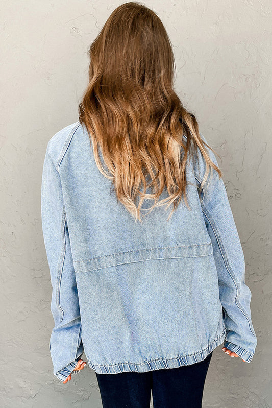 Myosotis Elastic Edge Collared Zip Up Denim Jacket With Pocket