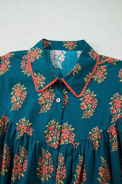 Green Plus Size Floral Print Contrast Lacy Trim Pleated Loose Shirt
