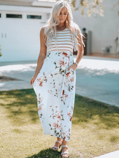 Dresses/Maxi Dresses White Striped Floral Print Sleeveless Maxi Dress with Pocket