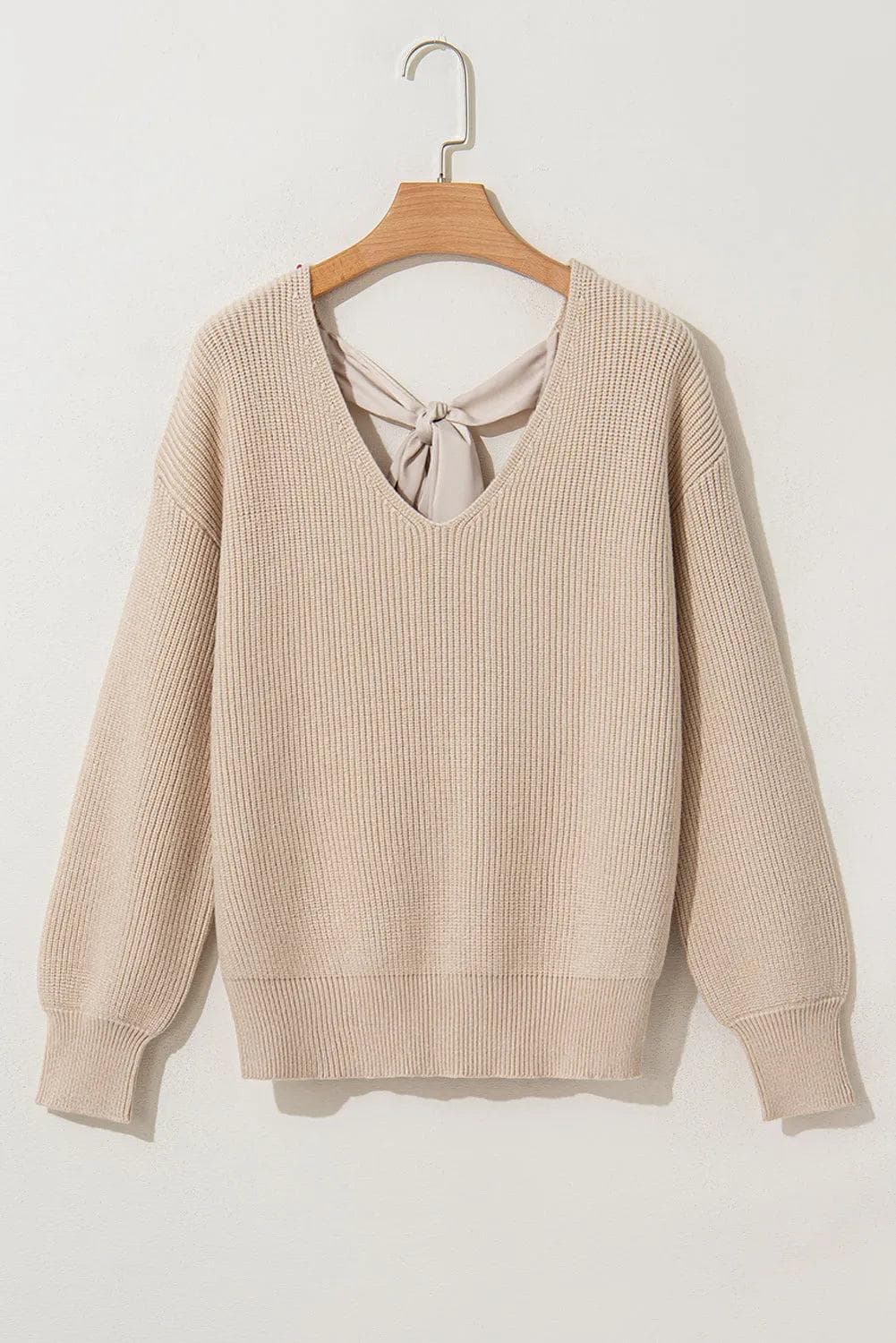 Sweaters & Cardigans/Sweaters Apricot Lantern Sleeve V Neck Knot Back Sweater