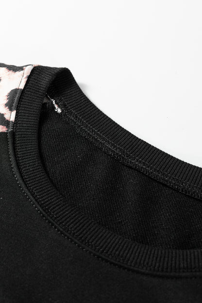 Black Leopard Print Patchwork Varsity Raglan Sleeve Sweatshirt Dress