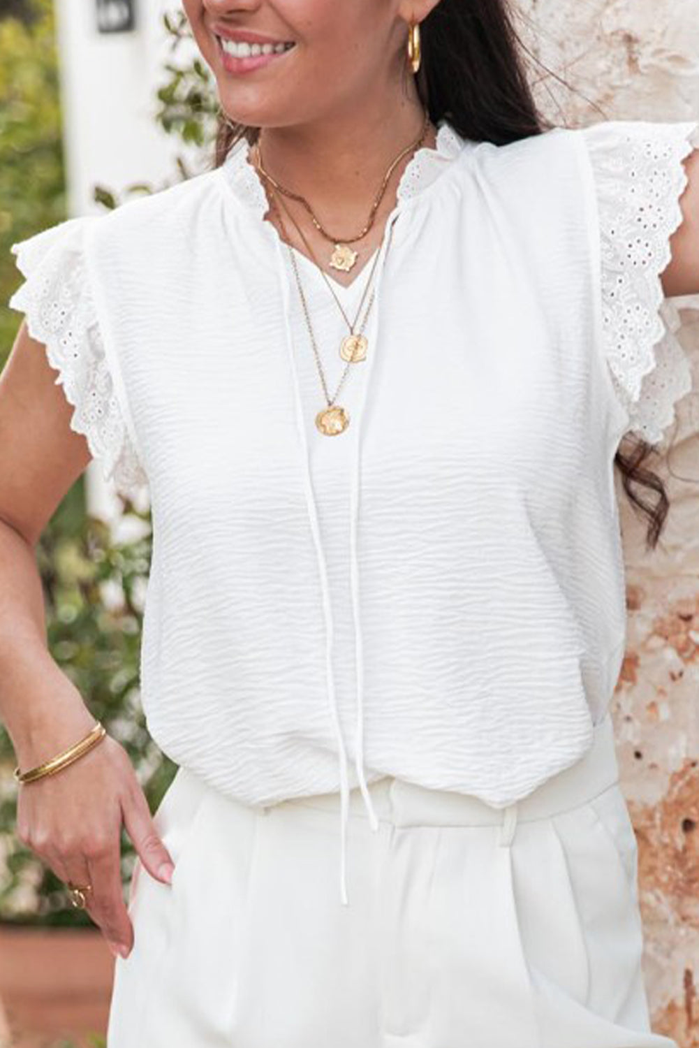 White Embroidered Ruffle Trim Textured Blouse