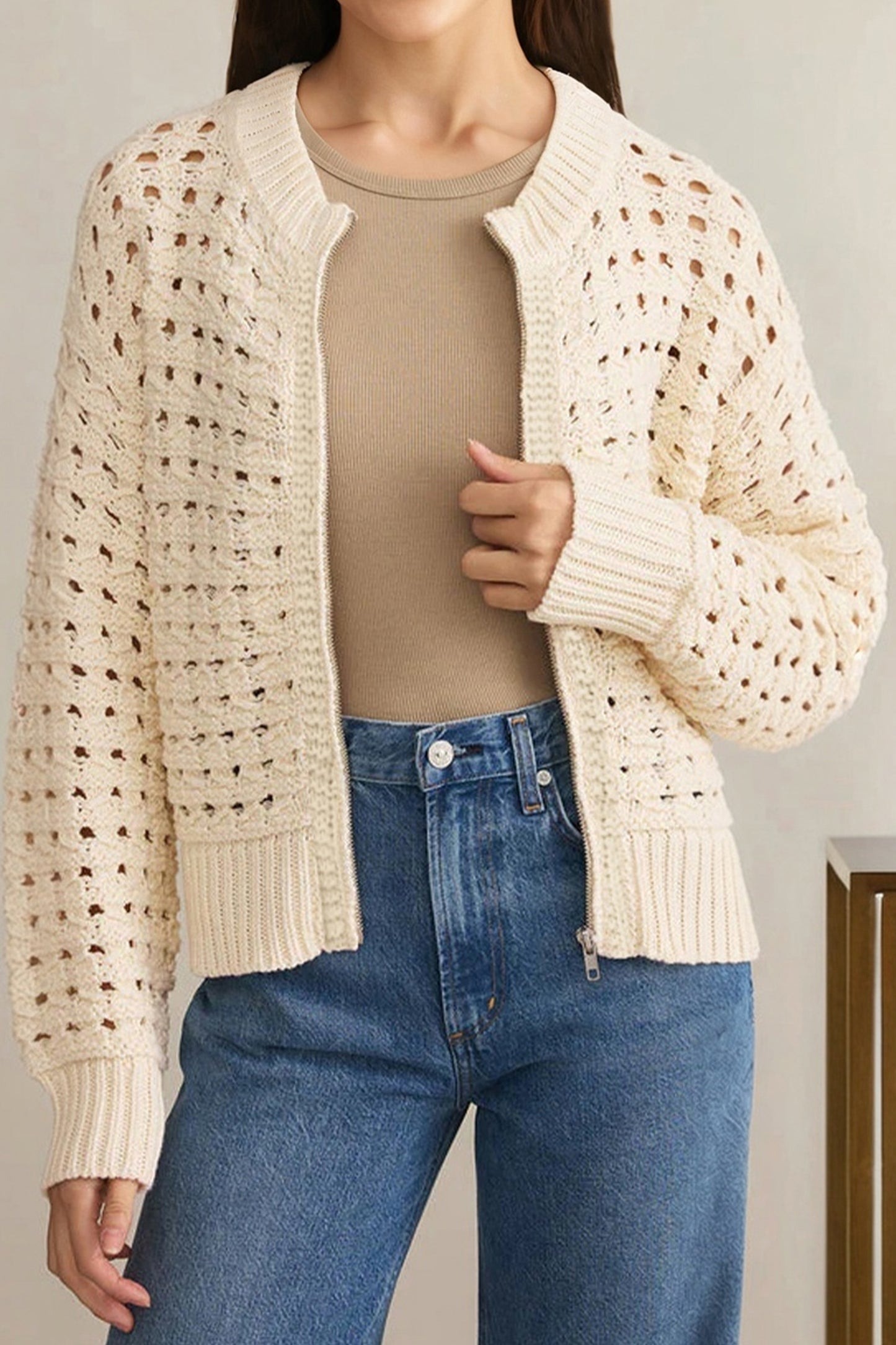 Beige Hollowed Pattern Knit Zip Up Drop Shoulder Sweater Cardigan