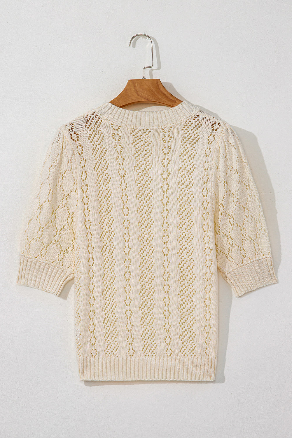 Beige Hollowed Pattern Knit Short Puff Sleeve Sweater