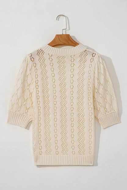 Beige Hollowed Pattern Knit Short Puff Sleeve Sweater