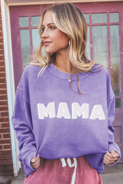 Purple MAMA Ribbed Crew Neck Pullover Sweatshirt - Chic Meadow Boutique 