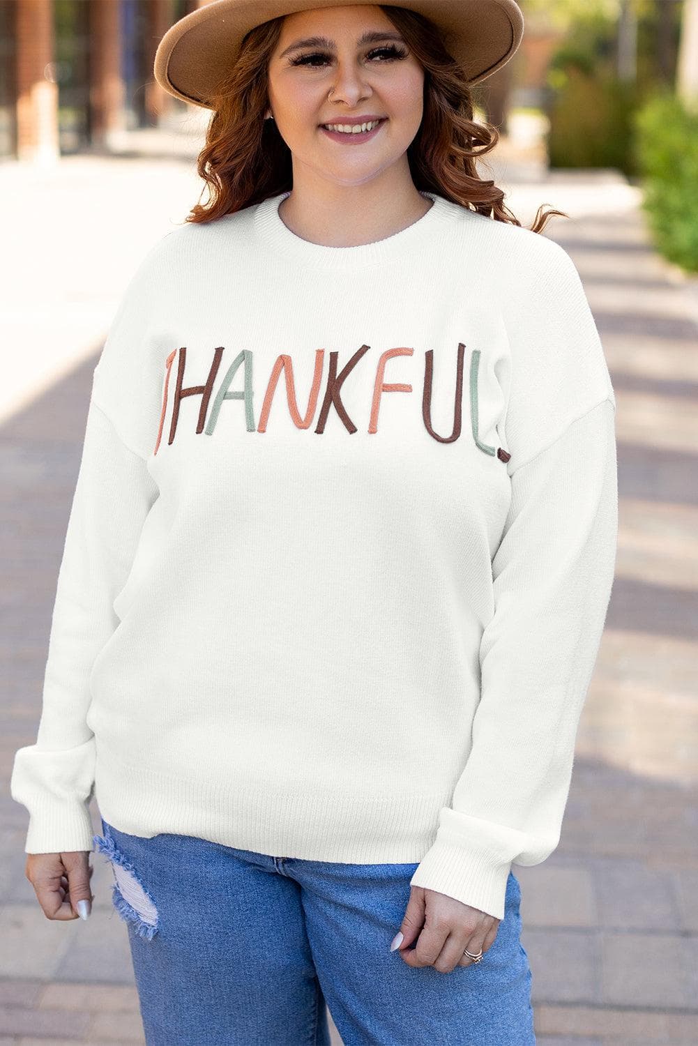 Plus Size/Plus Size Sweaters & Cardigans White Plus Size Thankful Ivory Embroidered Sweater