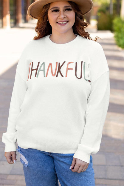 Plus Size/Plus Size Sweaters & Cardigans White Plus Size Thankful Ivory Embroidered Sweater