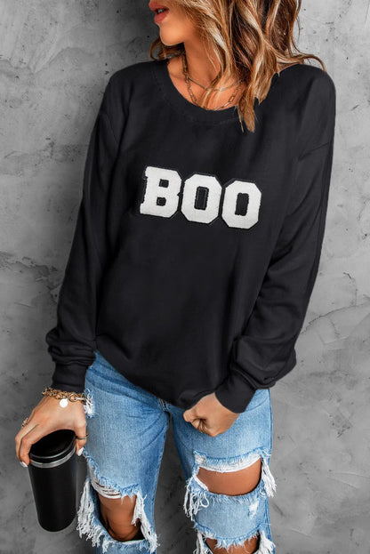 Black Chenille BOO Patched Pattern Crewneck Halloween Sweatshirt - Chic Meadow Boutique 