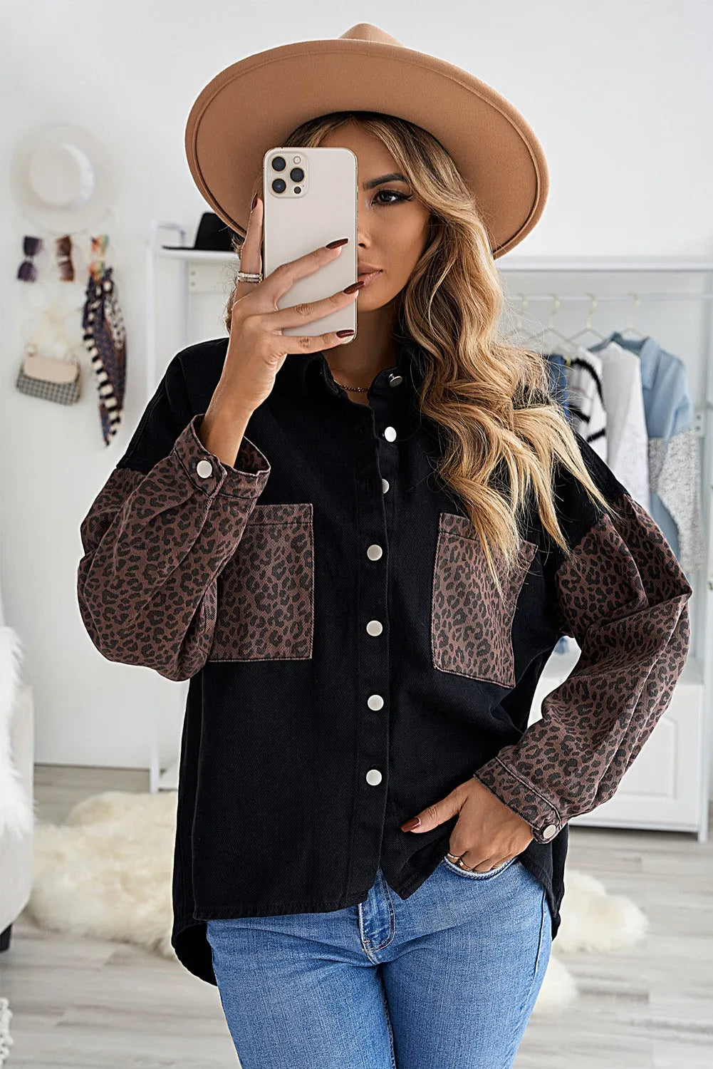 Black Contrast Leopard Denim Jacket - Chic Meadow Boutique 