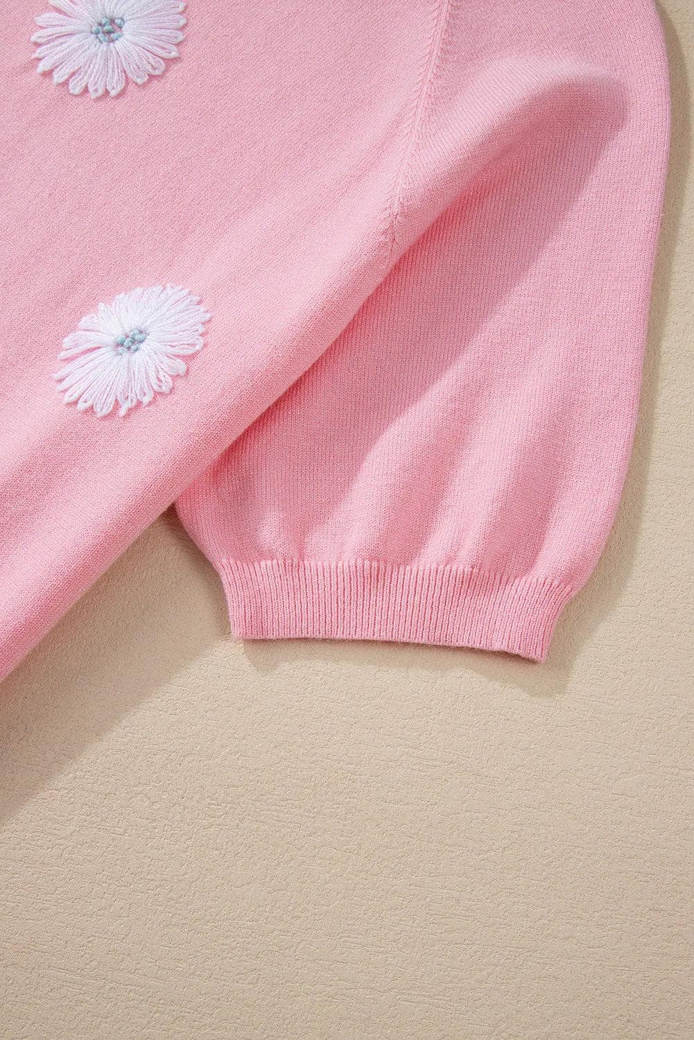 Sweaters & Cardigans/Short Sleeve Sweaters Pink Flower Pattern Short Sleeve Knitted Top