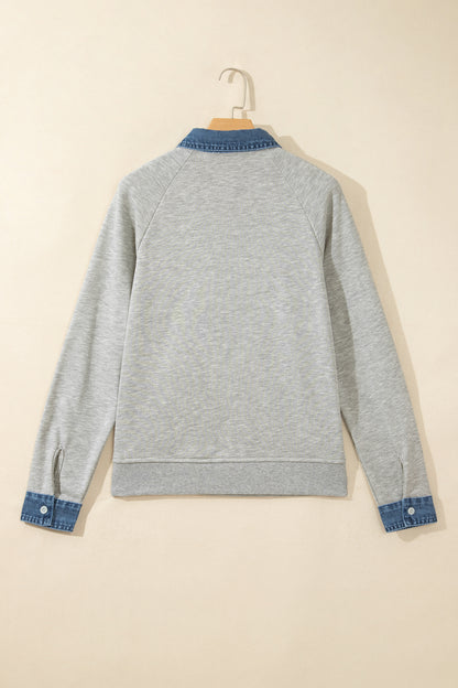 Sleet Denim Collar Patchwork Long Sleeve Pullover Top