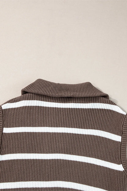 Brown Stripe Zipped Collar Cap Sleeve Knit Top - Chic Meadow Boutique 