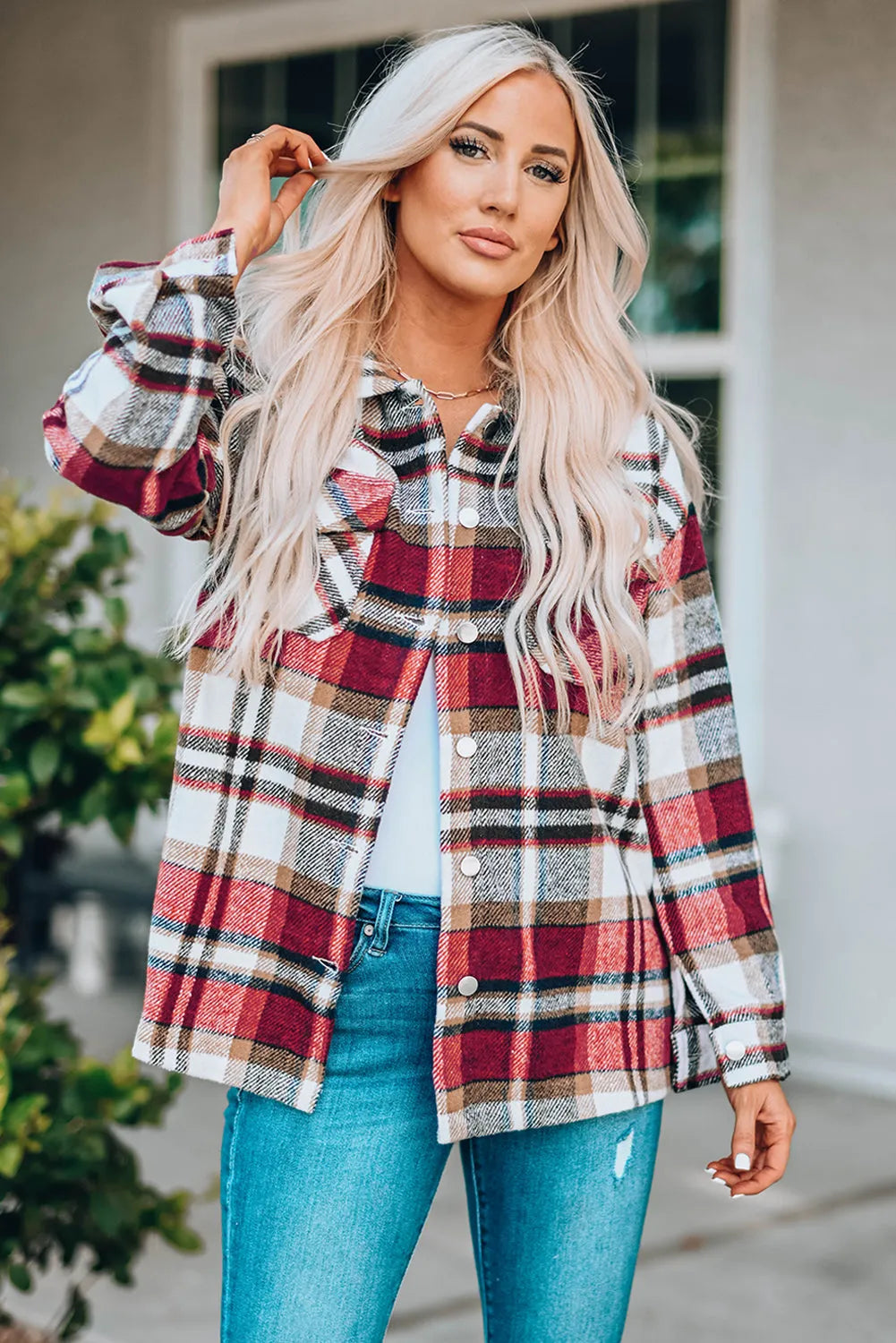 Fiery Red Geometric Plaid Print Pocketed Shacket - Chic Meadow Boutique 