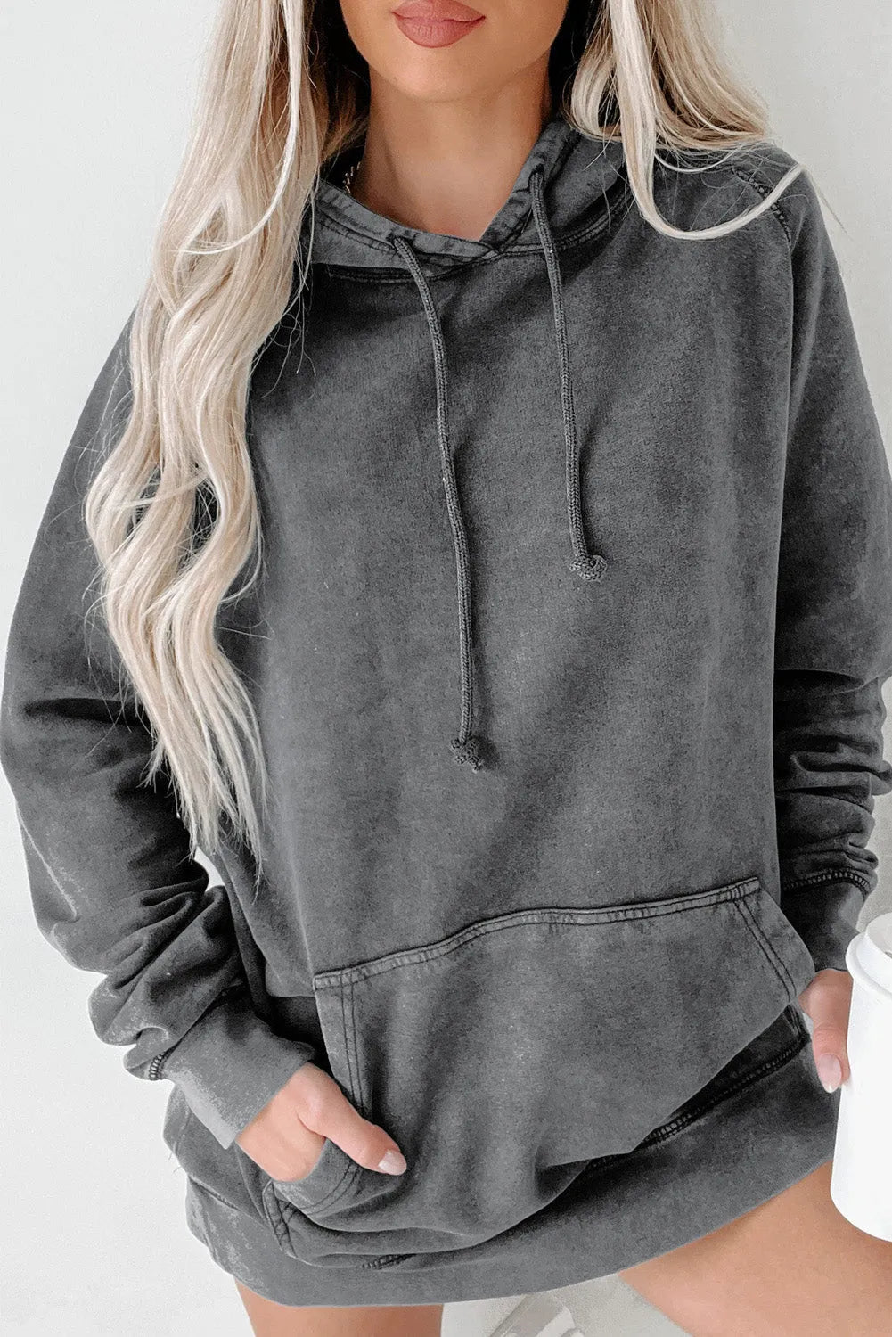 Gray Mineral Wash Kangaroo Pocket Drawstring Pullover Hoodie - Chic Meadow Boutique 