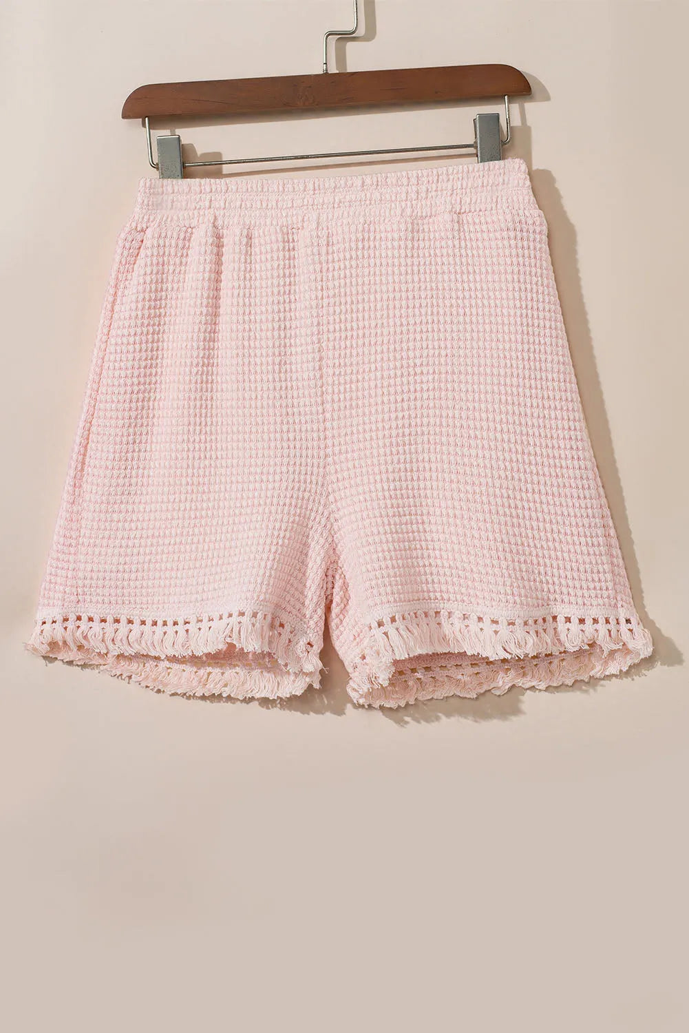 Two Piece Sets/Short Sets Pink Fringe Trim Textured Short Two Piece Set