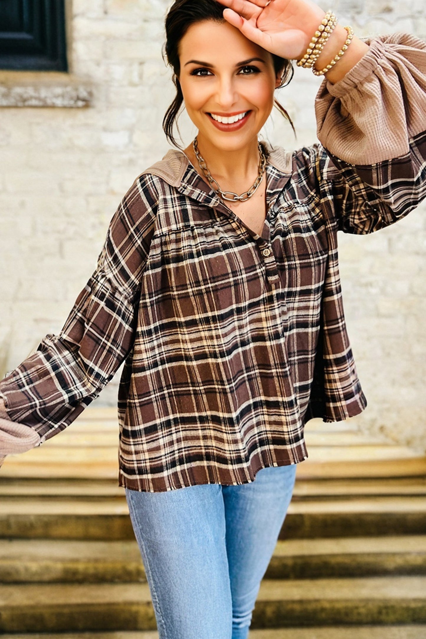 Brown Plaid Patchwork Long Sleeve Button Hooded Blouse