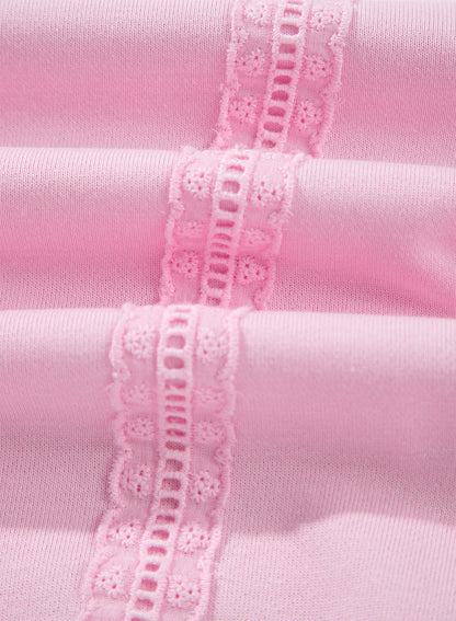Pink Solid Color Raw Seam Lace Detail Loose Casual Sweatshirt