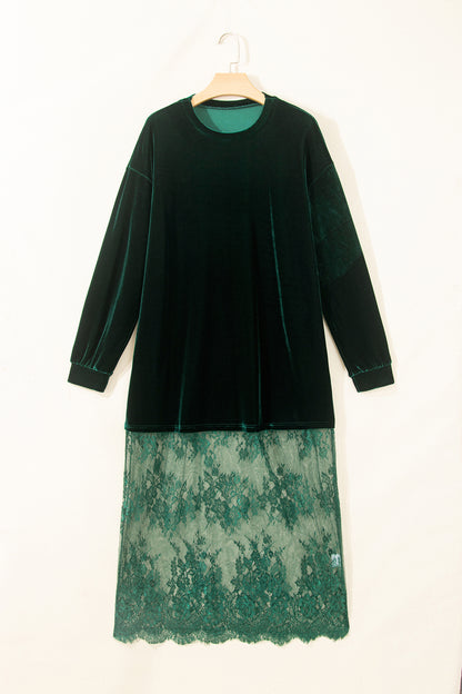 Blackish Green Velvet Long Sleeve Lace Splicing Hem Shift Maxi Dress