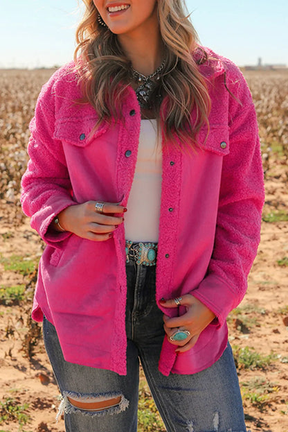 Bright Pink Faux Suede Sherpa Patchwork Button-up Shacket - Chic Meadow Boutique 