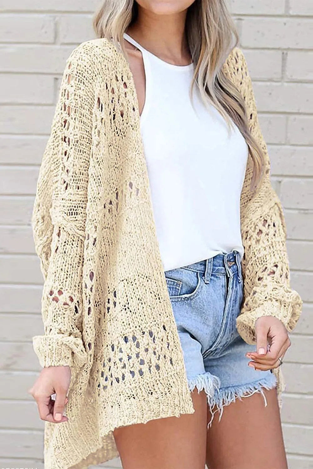 Apricot Casual Hollowed Knit Dolman Sleeve Cardigan - Chic Meadow Boutique 