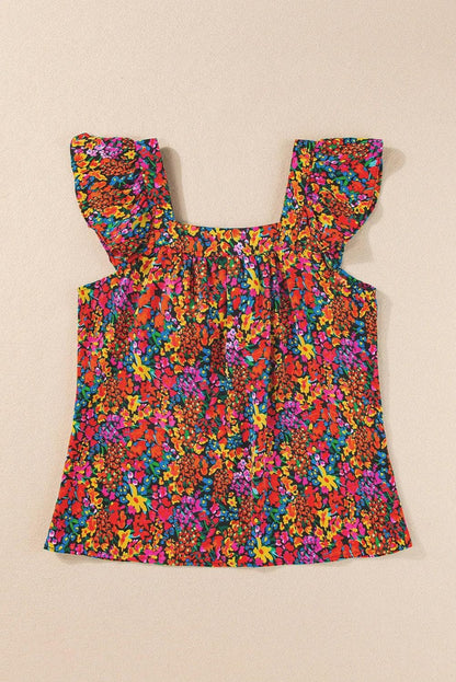 Tops/Blouses & Shirts Multicolour Floral Print Cap Sleeve Square Neck Back Knot Blouse