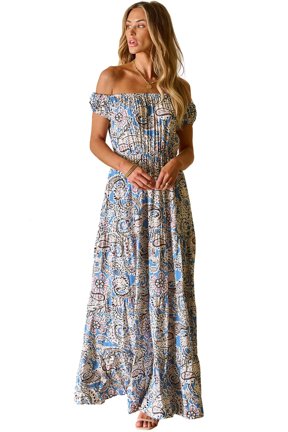 Blue Boho Paisley Print Off Shoulder Maxi Dress - Chic Meadow Boutique 