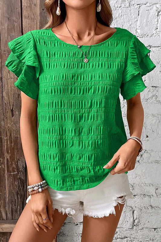 Dark Green Textured Ruffled Sleeve Round Neck Top