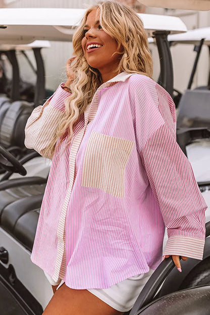 Pink Stripe Print Colorblock Plus Size Shirt - Chic Meadow Boutique 