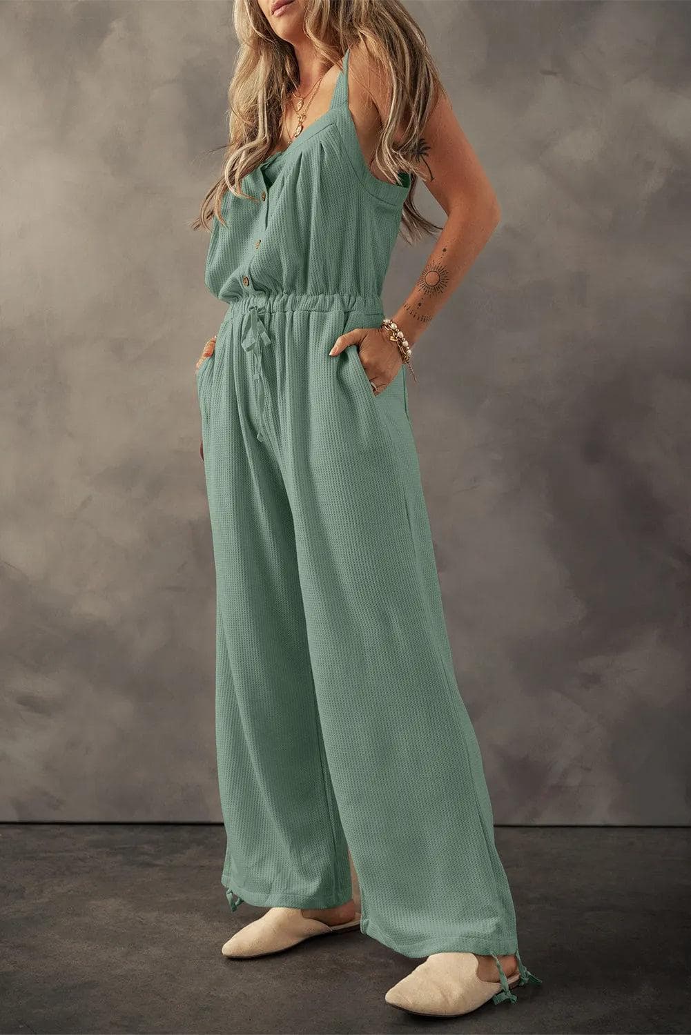 Bottoms/Jumpsuits & Rompers Moss Green Knotted Straps Button Textured Drawstring Jumpsuit