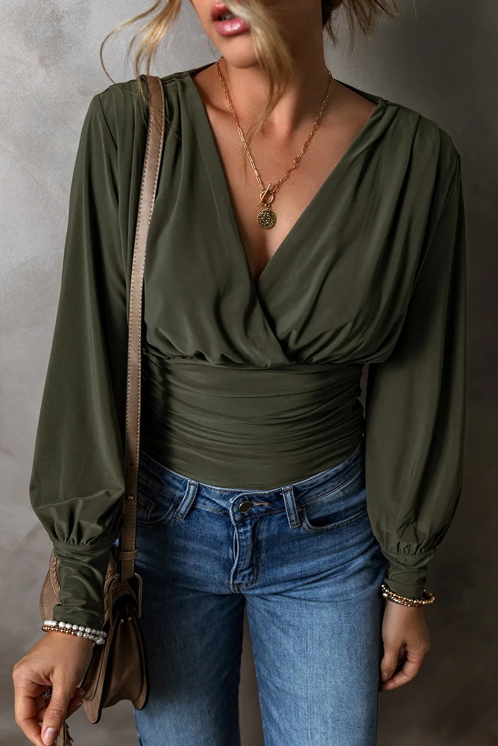 Moss Green Ruched Wrap V Neck Long Sleeve Bodysuit - Chic Meadow Boutique 