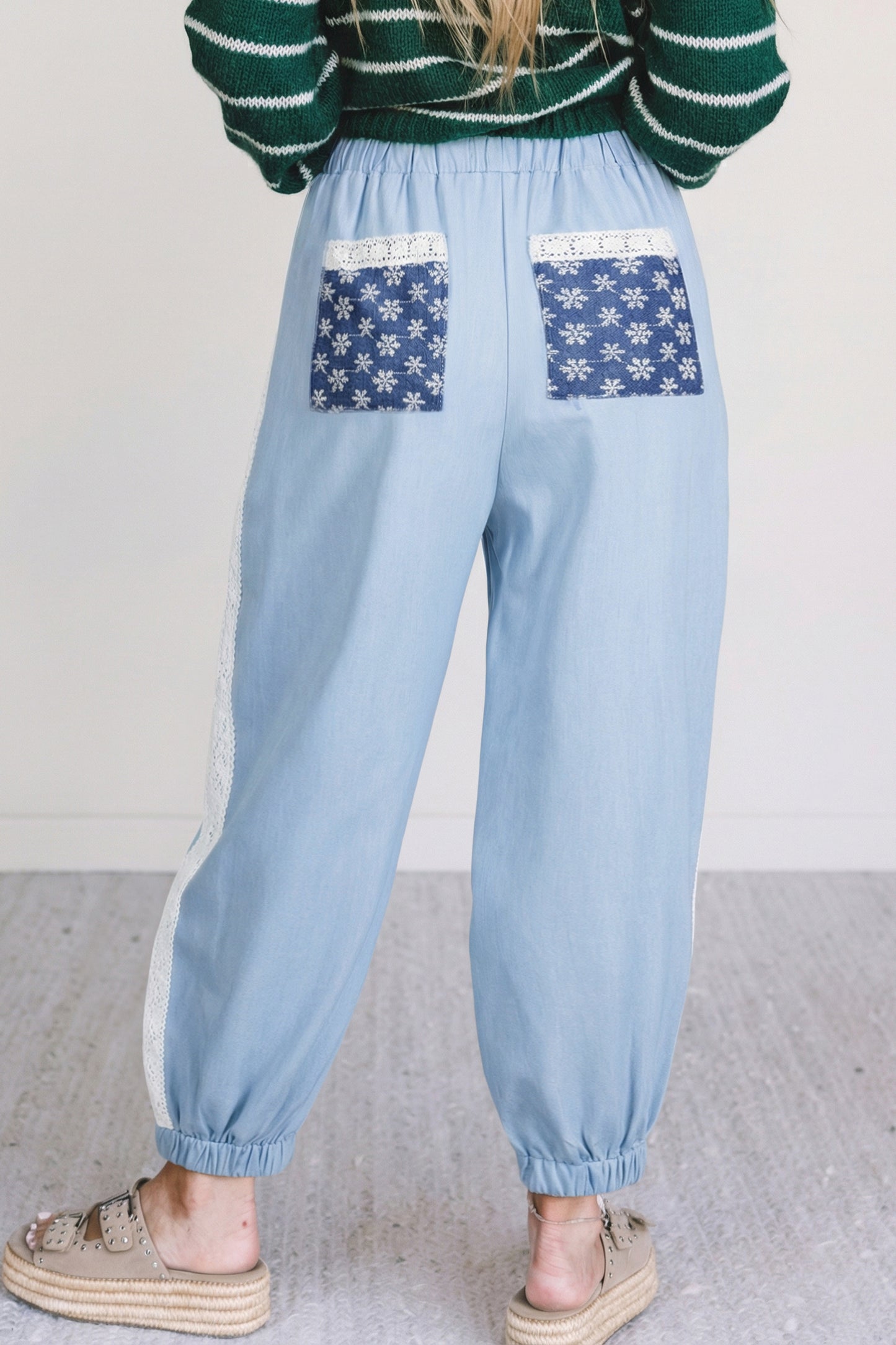 Beau Blue Lace Accent Floral Patched Pocket Pleated Wide Leg Slouchy Pants