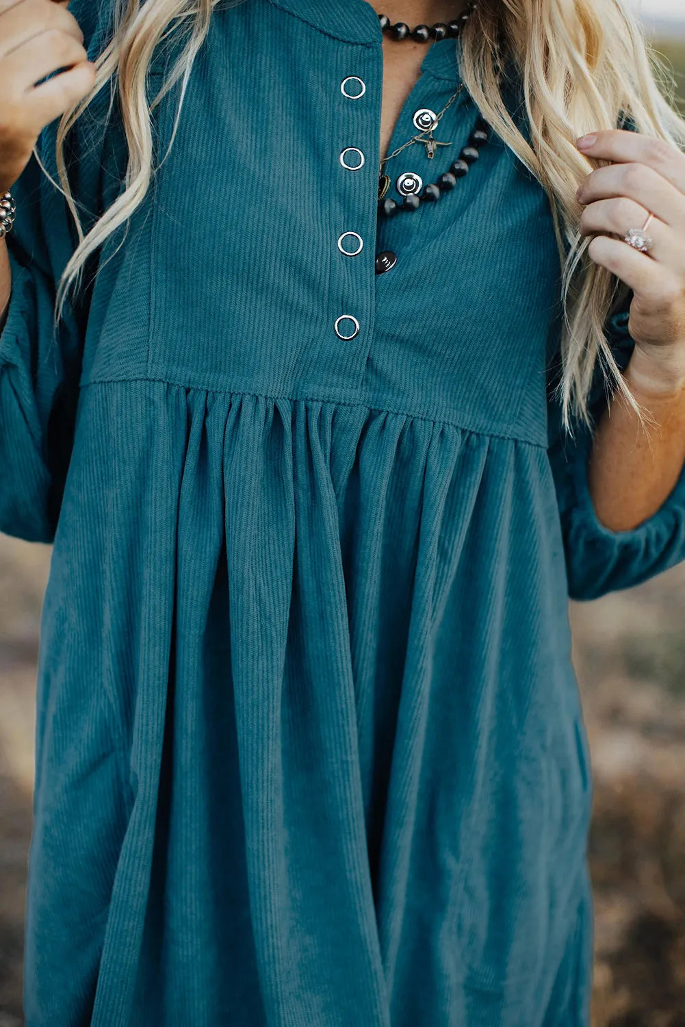 Blue Corduroy Snap Buttons Empire Waist Bracelet Sleeve Dress - Chic Meadow Boutique 