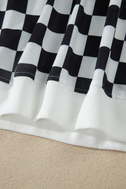 Black Checkered Print Color Block Trim Mock Neck Short Set