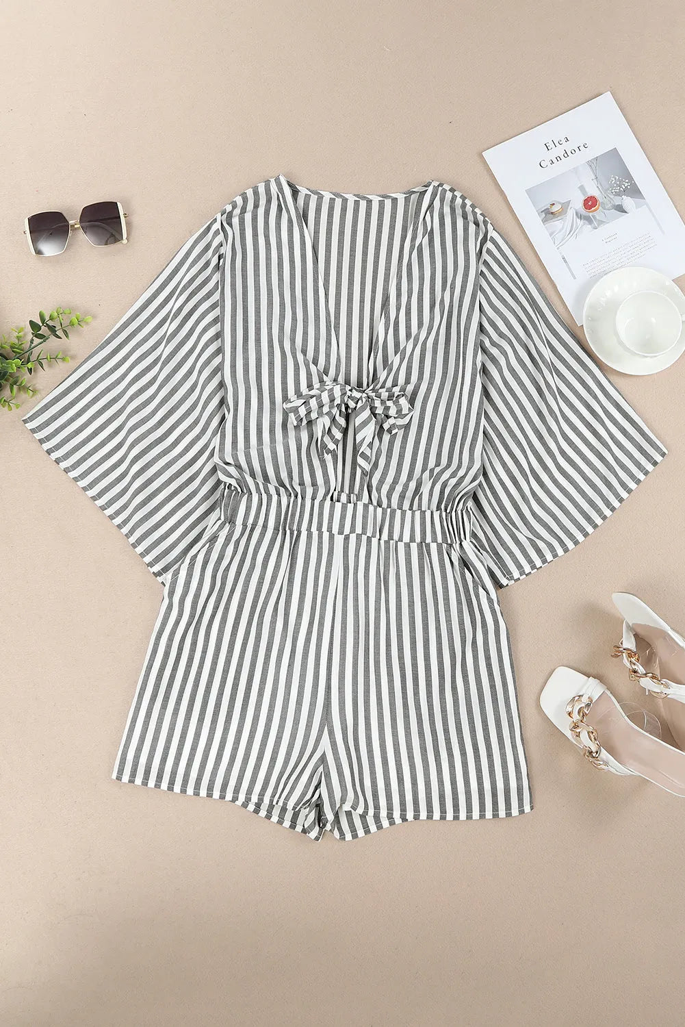 Gray 3/4 Wide Kimono Sleeves Tie Front Striped Romper with Pockets - Chic Meadow Boutique 