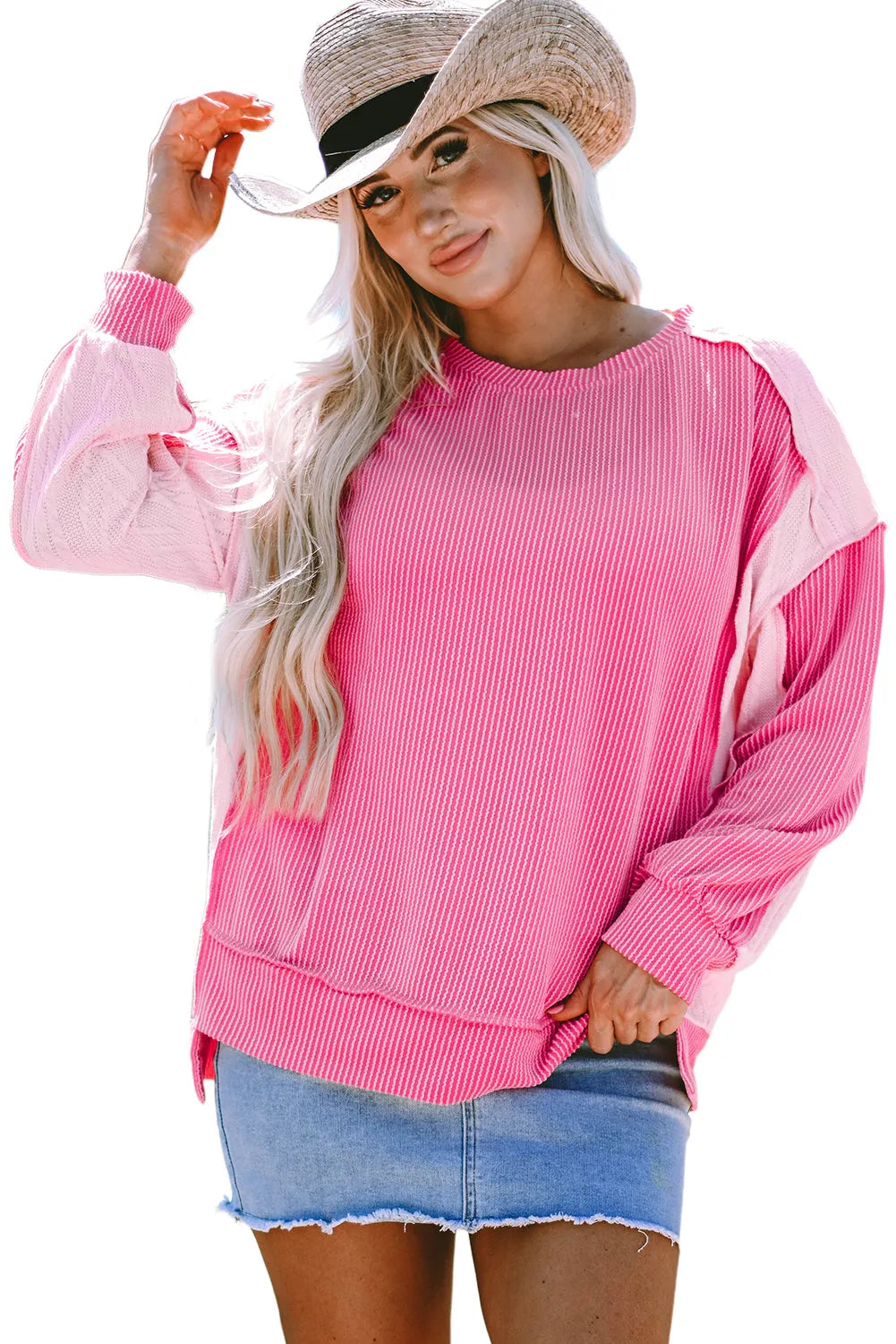 Bonbon Cable Knit Colorblock Exposed Seam Sweatshirt - Chic Meadow Boutique 