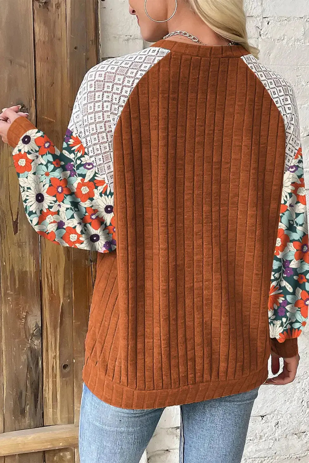 Cinnamon Floral Patchwork Long Sleeve Ribbed Blouse - Chic Meadow Boutique 