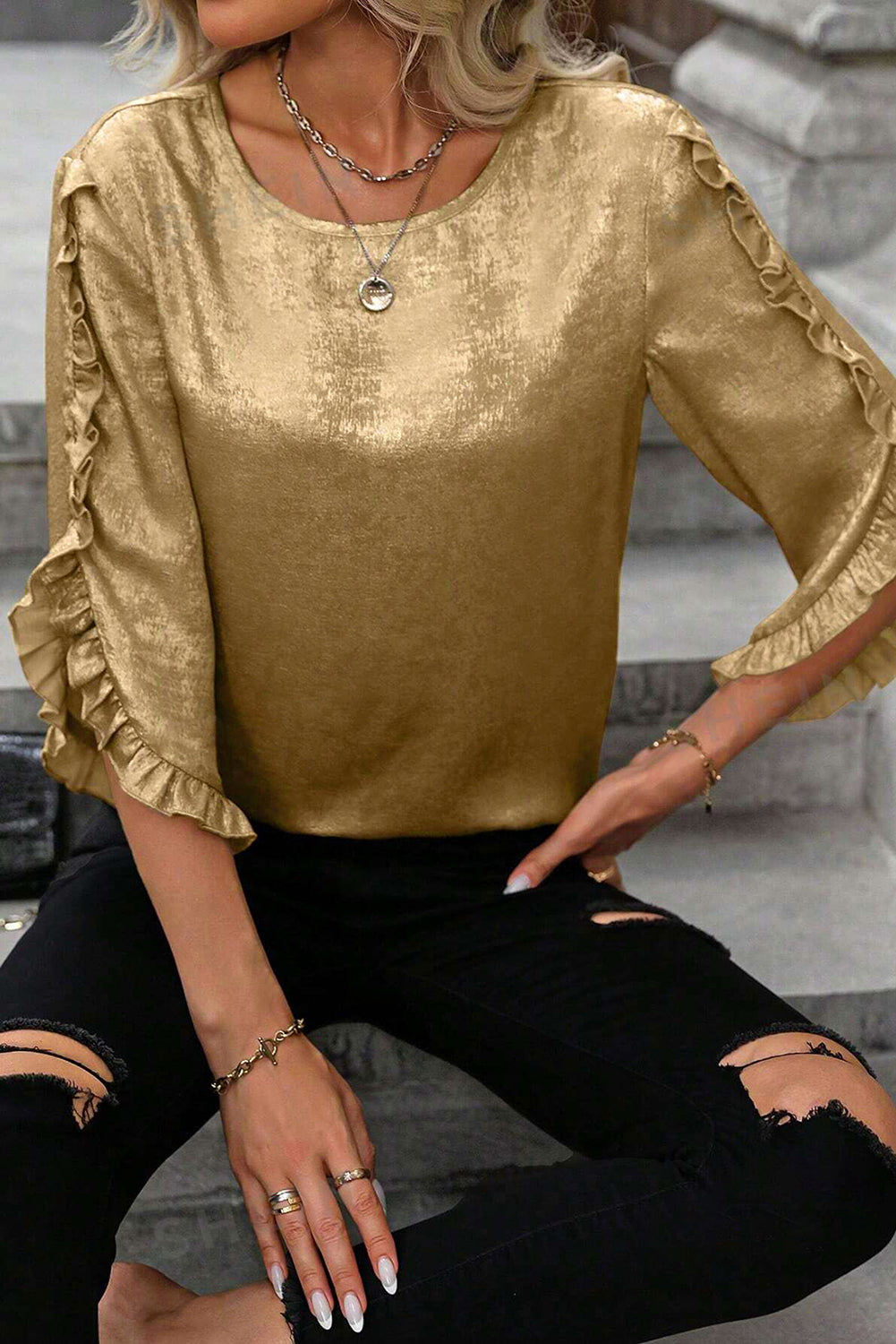 Gold Metallic Luster Frilled Half Sleeve Blouse